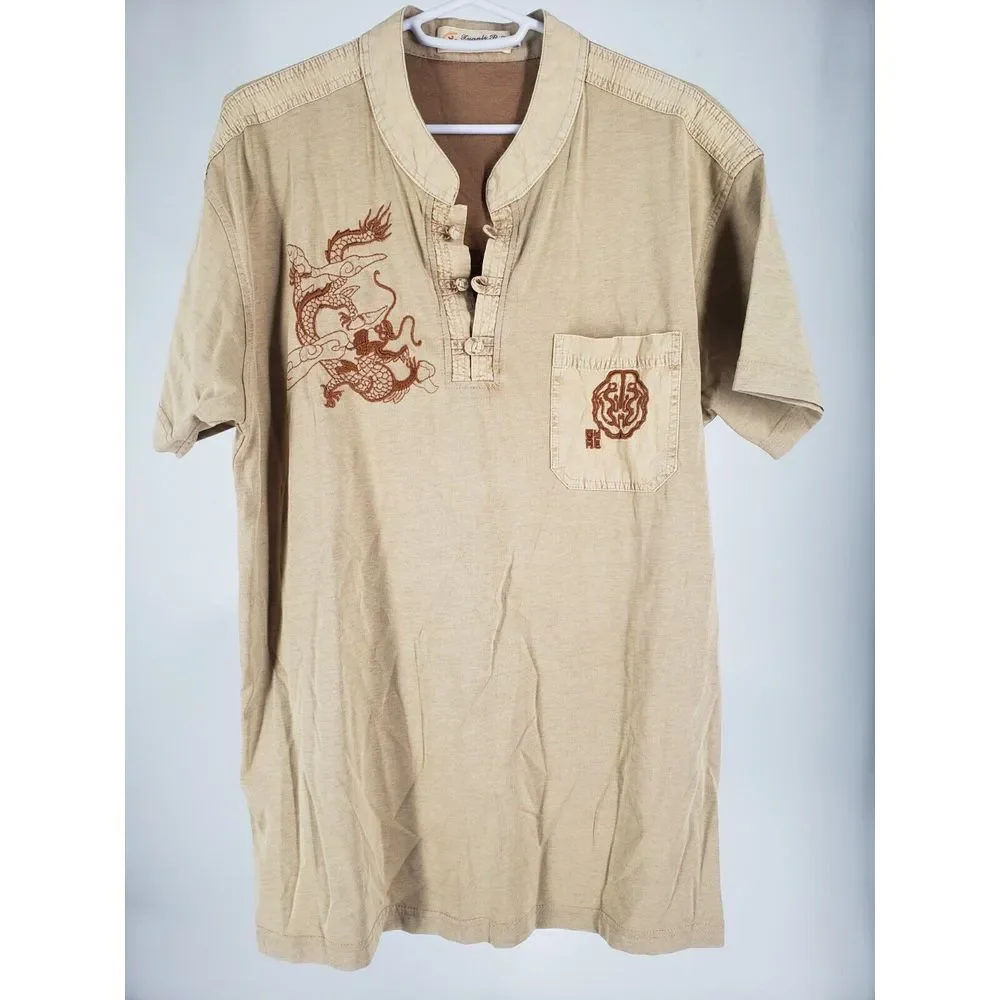 Embroidered Chinese Dragon 100% Cotton Shirt Size 52 Toggle w/ Band‎ Collar
